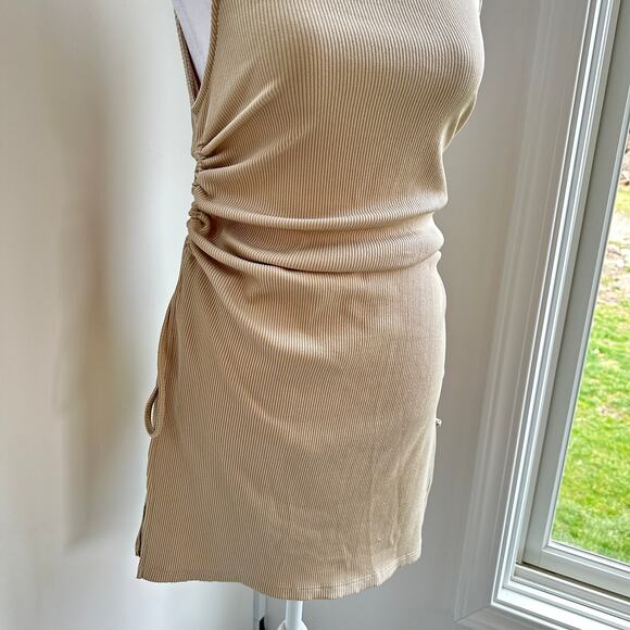 Zara Gold Tan Ribbed Side Tie Ruched Sexy Stretch Casual Tank Dress Medium - Picture 3 of 8